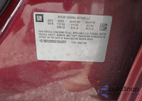 2016 Chevrolet Cruze Lt Auto from USA, damaged, VIN 1G1BE5SM9G7254257